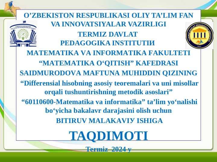 differensial hisobning asosiy teormalar