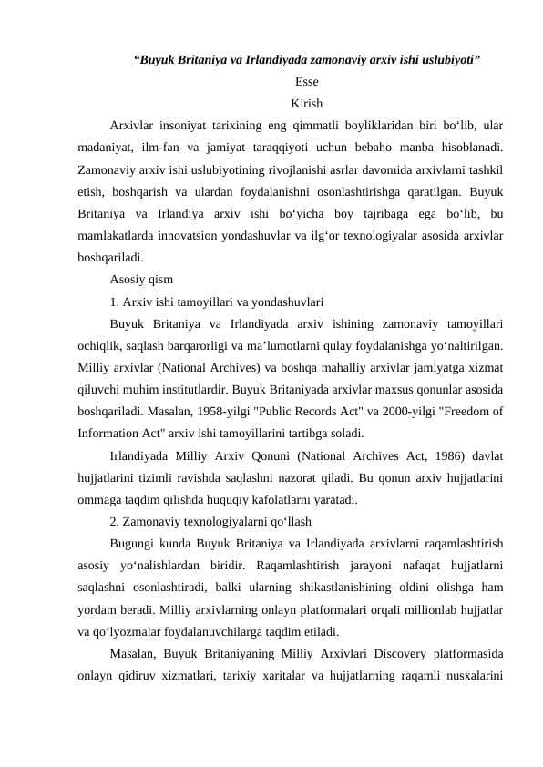 Buyuk Britaniya va Irlandiyada zamonaviy arxiv ishi uslubiyoti