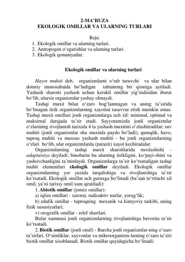 EKOLOGIK OMILLAR VA ULARNING TURLARI