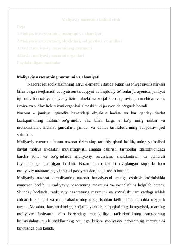 Moliyaviy nazoratni tashkil etish