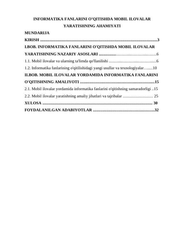 INFORMATIKA FANLARINI O’QITISHDA MOBIL ILOVALAR YARATISHNING AHAMIYATI