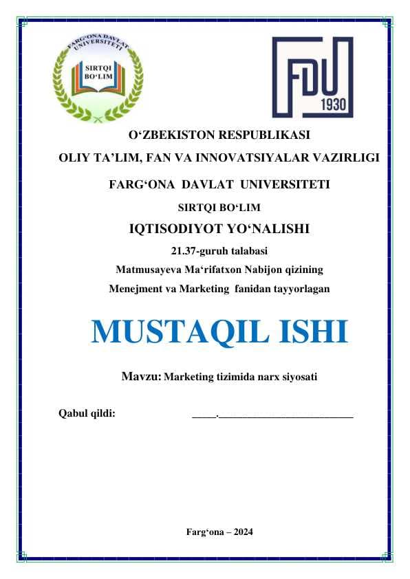 Marketing tizimida narx siyosati