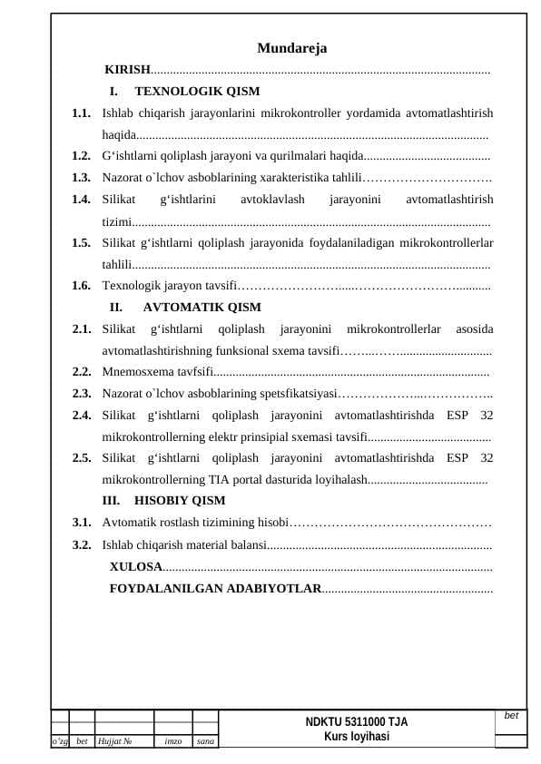 Silikat g‘ishtlarni qoliplash jarayonini mikrokontrollerlar asosida avtomatlashtirish