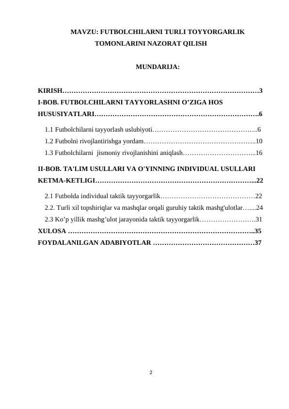 FUTBOLCHILARNI TURLI TOYYORGARLIK TOMONLARINI NAZORAT QILISH
