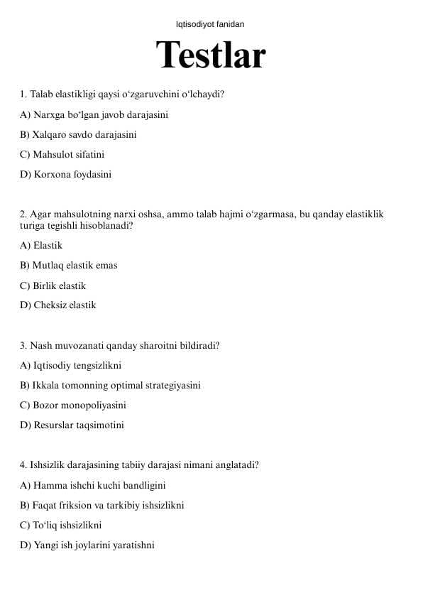 Iqtisodiyot fanidan 100 testlar.