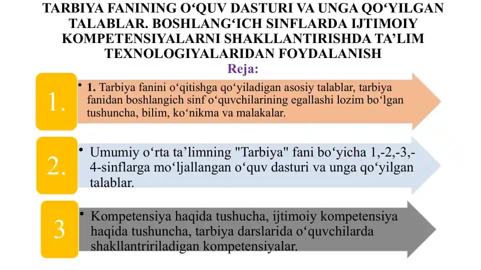 TARBIYA FANINING OʻQUV DASTURI VA UNGA QOʻYILGAN TALABLAR. BOSHLANGʻICH SINFLARDA IJTIMOIY KOMPETENSIYALARNI SHAKLLANTIRISHDA TA’LIM TEXNOLOGIYALARIDAN FOYDALANISH
