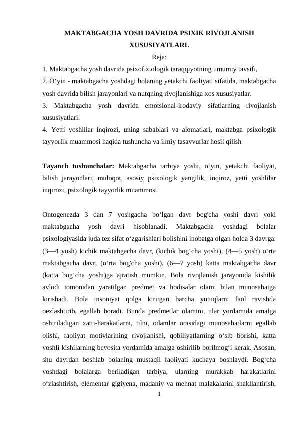 MAKTABGACHA YOSH DAVRIDA PSIXIK RIVOJLANISH XUSUSIYATLARI