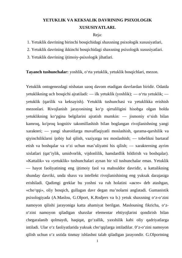 YETUKLIK VA KEKSALIK DAVRINING PSIXOLOGIK XUSUSIYATLARI