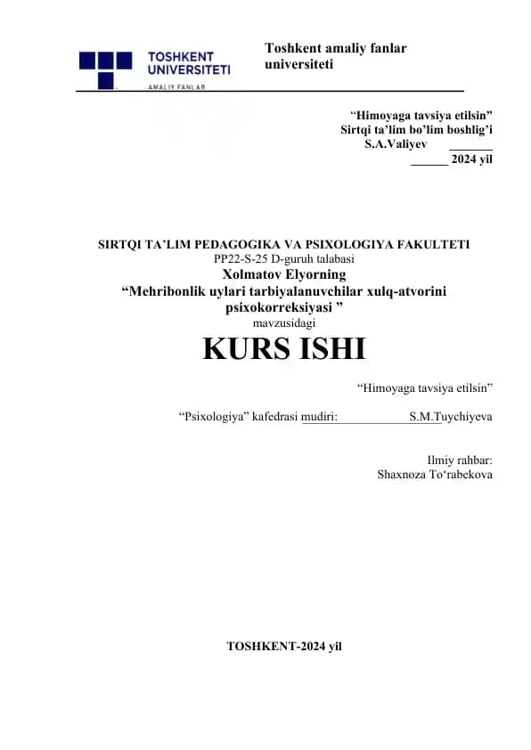 Mehribonlik uylari tarbiyalanuvchilar xulq-atvorini psixokorreksiyasi