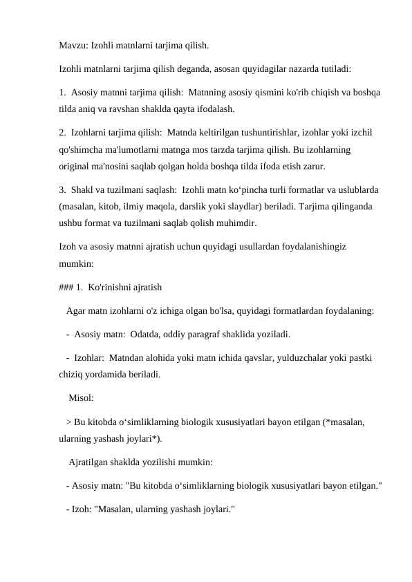 .Izohli matnlarni tarjima qilish.