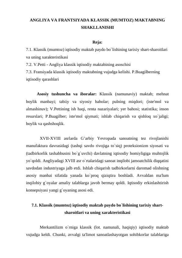 ANGLIYA VA FRANTSIYADA KLASSIK (MUMTOZ) MAKTABNING SHAKLLANISHI