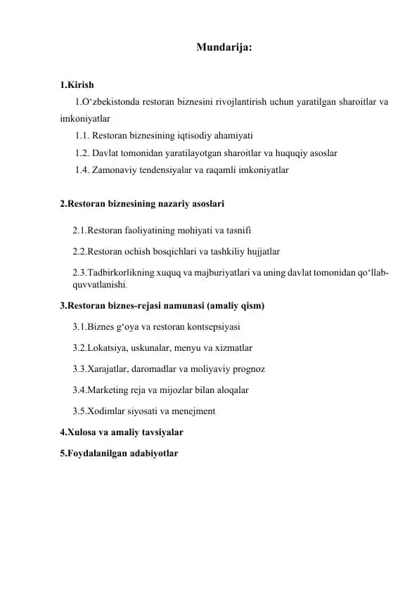 Restoran biznesining rivojlantirish imkoniyatlari