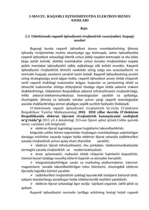 RAQAMLI IQTISOSDIYOTDA ELEKTRON BIZNES ASOSLARI