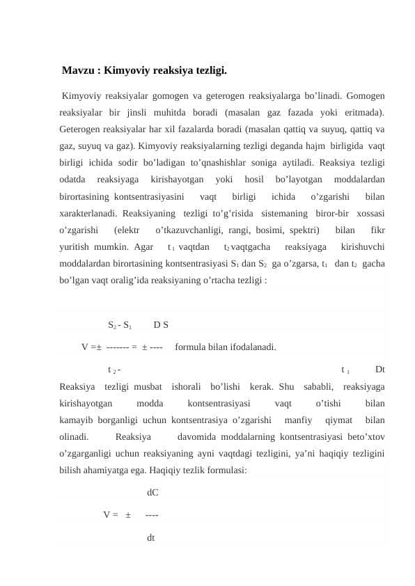 Kimyoviy reaksiya tezligi.