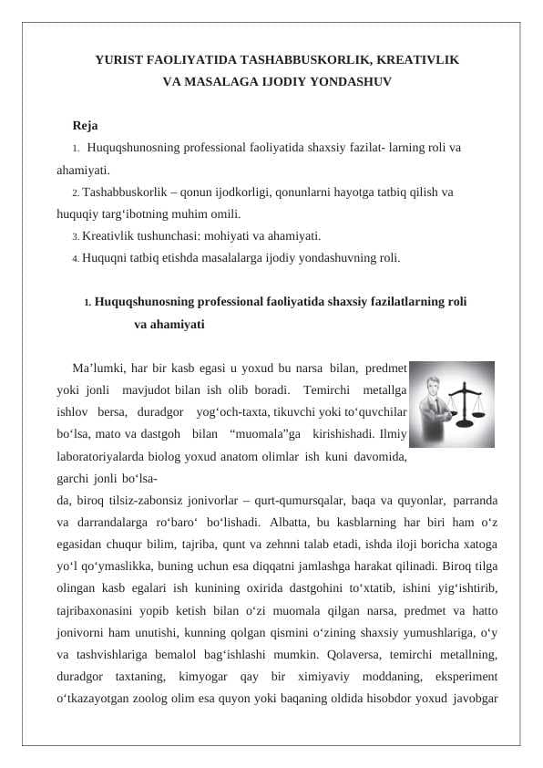YURIST FAOLIYATIDA TASHABBUSKORLIK, KREATIVLIK VA MASALAGA IJODIY YONDASHUV