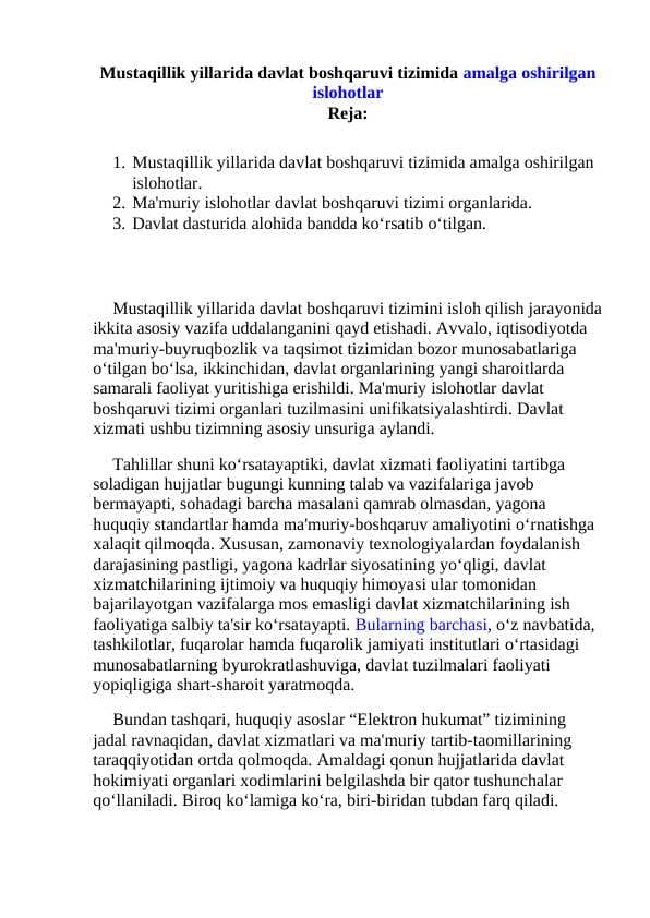 Mustaqillik yillarida davlat boshqaruvi tizimida amalga oshirilgan islohotlar