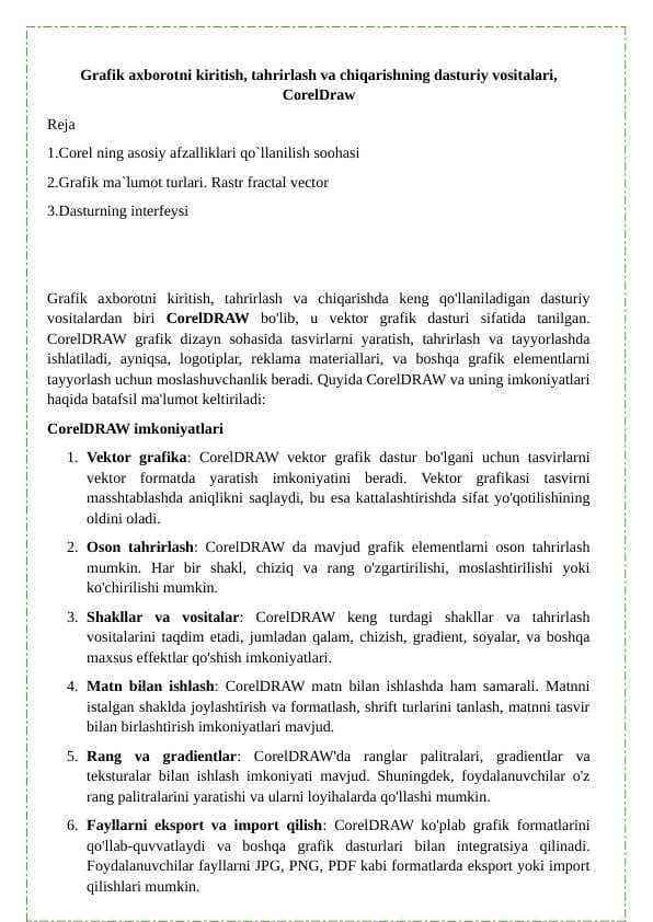 Grafik axborotni kiritish, tahrirlash va chiqarishning dasturiy vositalari, CorelDraw