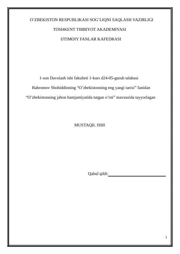 O'zbekistonning jahon hamjamiyatida tutgan o'rni