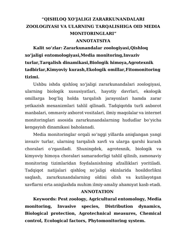 “QISHLOQ XO‘JALIGI ZARARKUNANDALARI ZOOLOGIYASI VA ULARNING TARQALISHIGA OID MEDIA MONITORINGLARI”