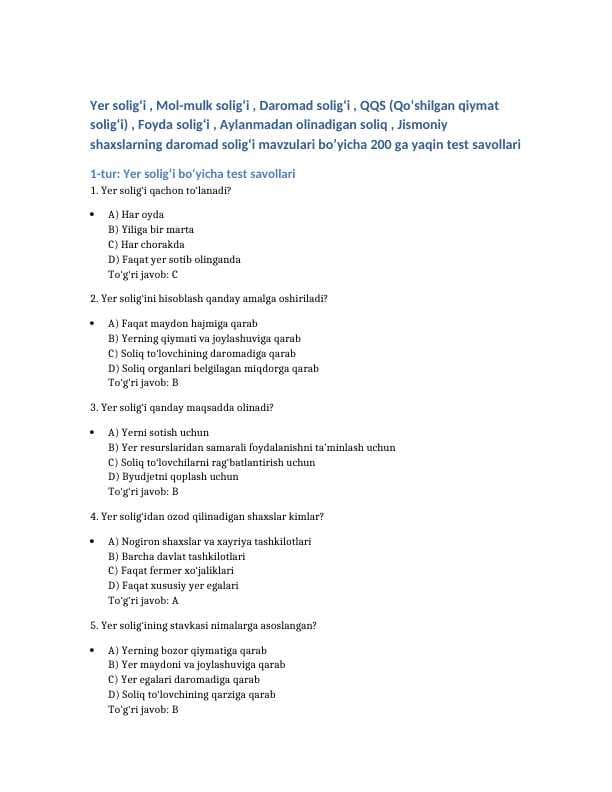 Soliq fanidan mavzulashtirilgan (kerakli soliq turlari bo'yicha) 200 ga yaqin testlar javobi bilan