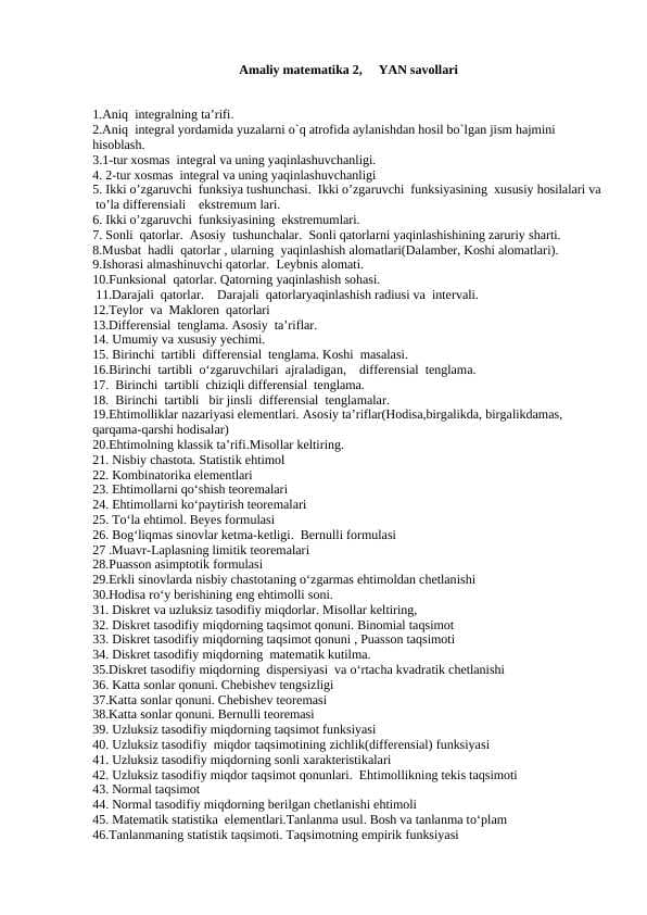 Amaliy matematika 2,     YAN savollari