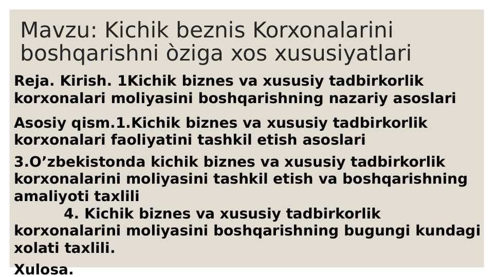 Kichik beznis Korxonalarini boshqarishni òziga xos xususiyatlari pptx