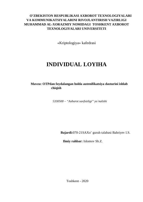OTPdan foydalangan holda autenifikatsiya dasturini ishlab chiqish