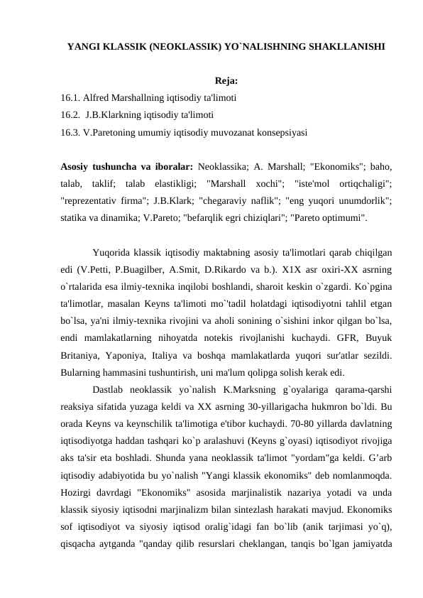 YANGI KLASSIK (NEOKLASSIK) YO`NALISHNING SHAKLLANISHI