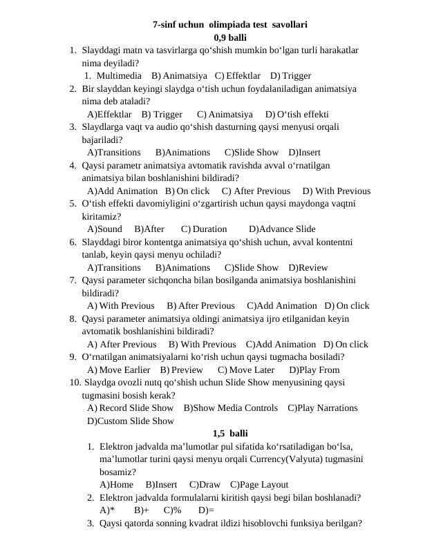 7 -sinf. olimpiyada test.