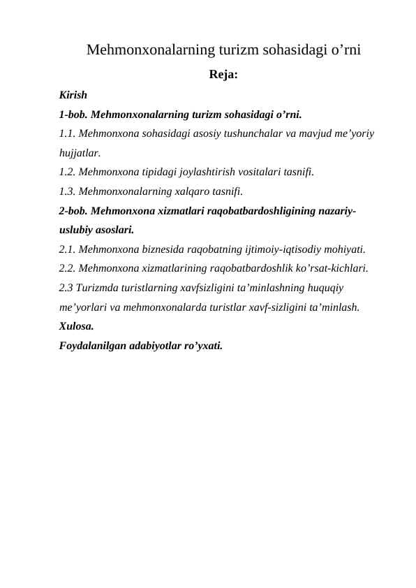 Mexmonxonalarning turizm sohasidagi o'rni