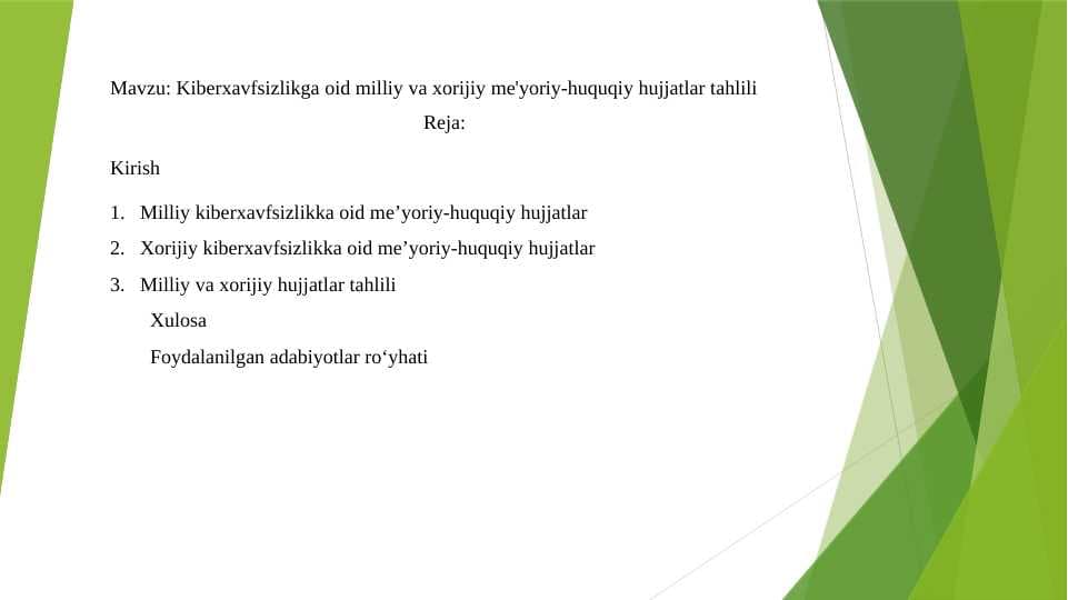 Kiberxavfsizlikga oid milliy va xorijiy me'yoriy-huquqiy hujjatlar tahlili