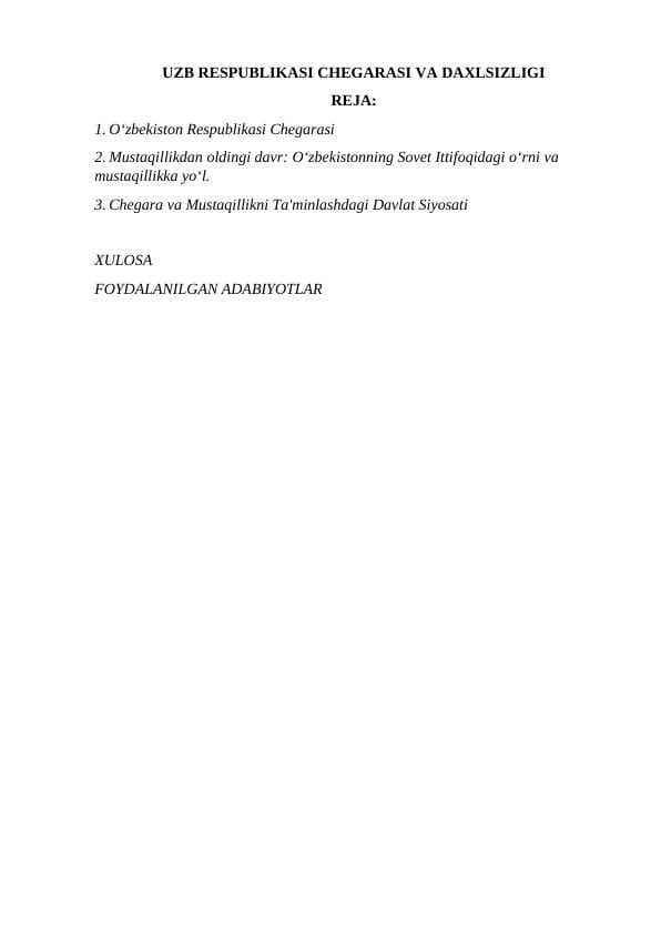 O'ZBEKISTON RESPUBLIKASI CHEGARASI VA DAXLSIZLIGI