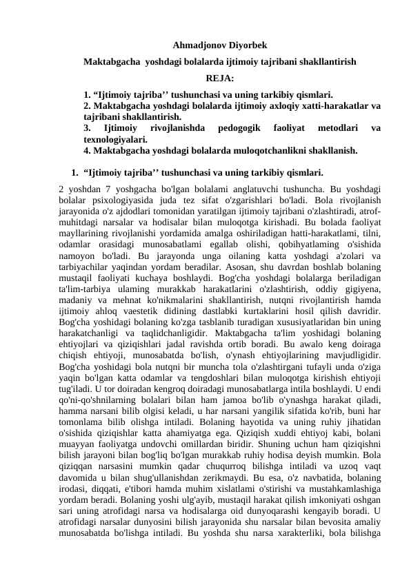 Maktabgacha  yoshdagi bolalarda ijtimoiy tajribani shakllantirish