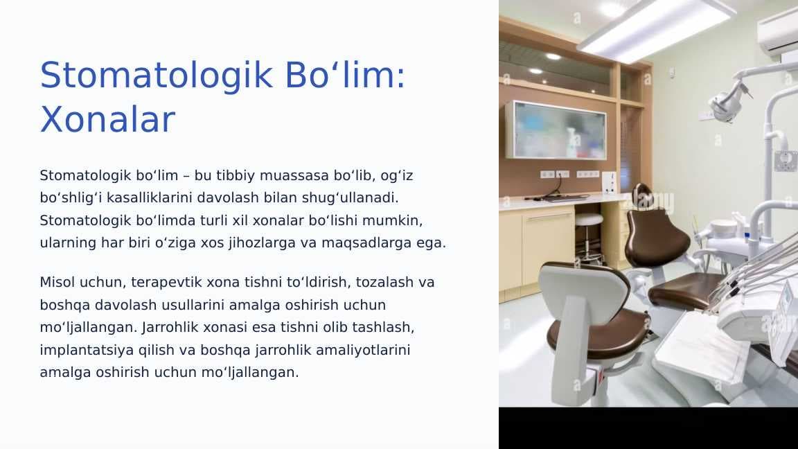 Stomatologik  bo‘lim, xona  (terapevtik, jarroh,  parodontologik,  fizioterapevtik va  boshqalar), uni  jihozlanishi.  Hamshira va kichik  hamshira  majburiyatlari.  Hujjatlar.
