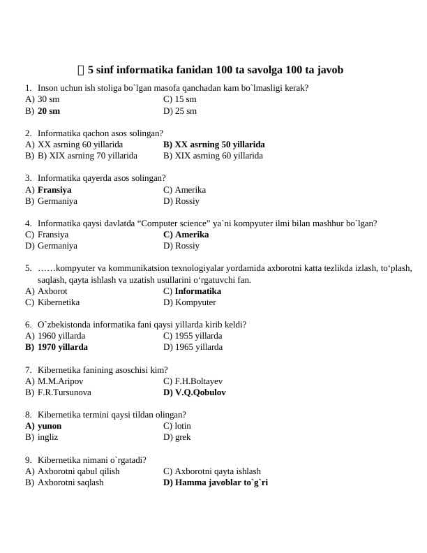 5 sinf informatika fanidan 100 ta savolga 100 ta javob
