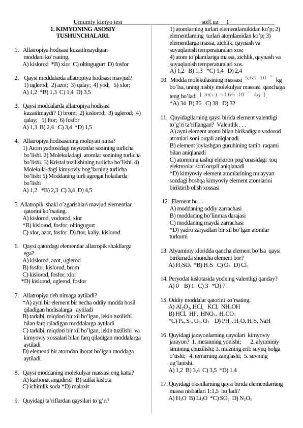 7-8-9-10-11 sinflarga kimyo fanidan mavzulashtirilgan testlar