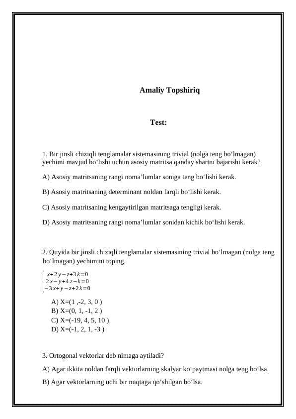 Amaliy matematikadan testlar to'plami