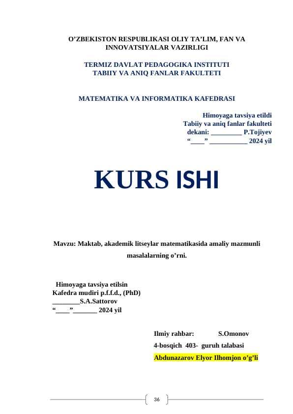 Maktab akademik litseylar matematikasida amaliy mazmunli masalalarning o'rni