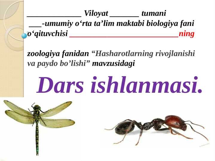 Hasharotlarning rivojlanishi va paydo bo’lishi dars ishlanma