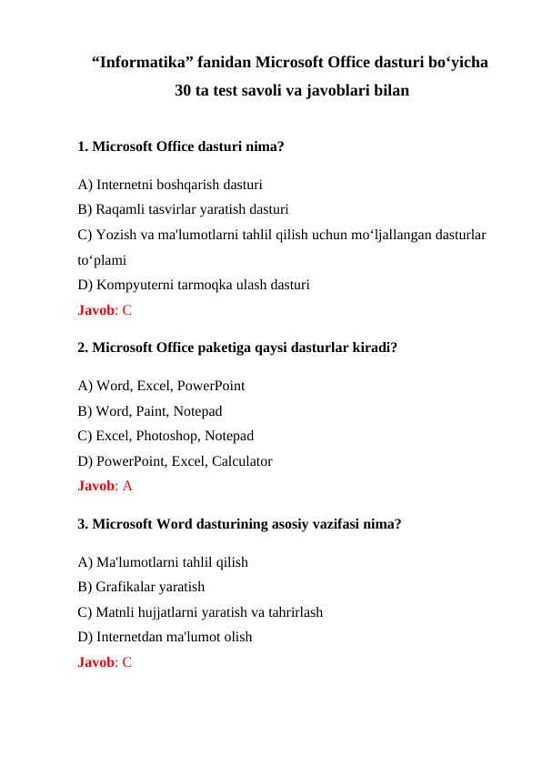 “Informatika” fanidan Microsoft Office dasturi boʻyicha 30 ta test savoli va javoblari bilan