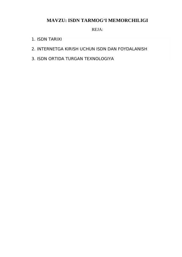 ISDN TARMOG‘I MEMORCHILIGI