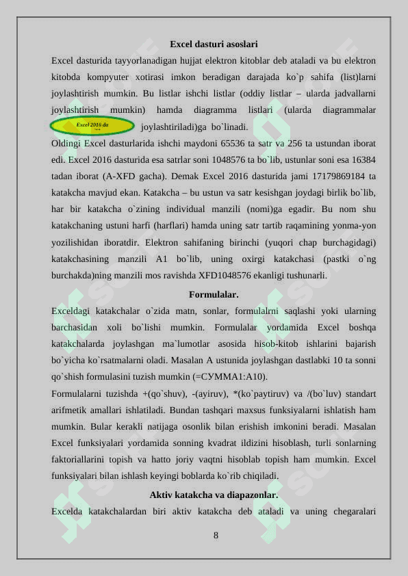 Excel elektron jadvaldan foydalanish. Funksiyaning mantiqiy toifasidan foydalanish.