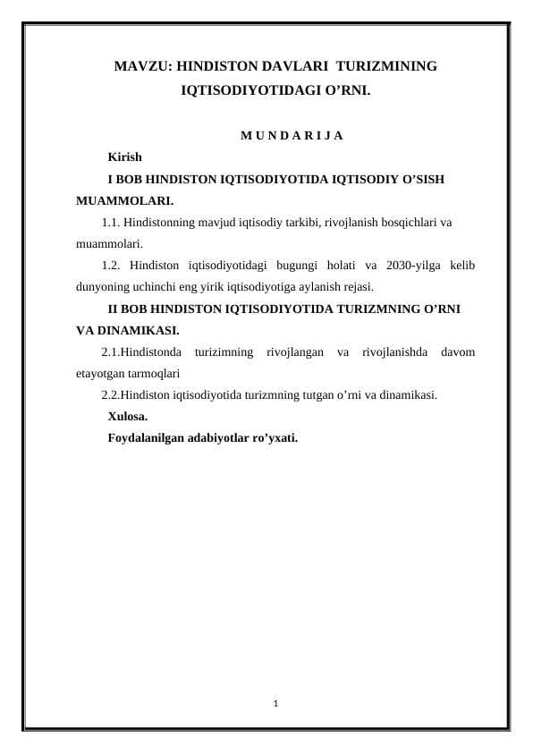 HINDISTON DAVLARI  TURIZMINING IQTISODIYOTIDAGI O’RNI.