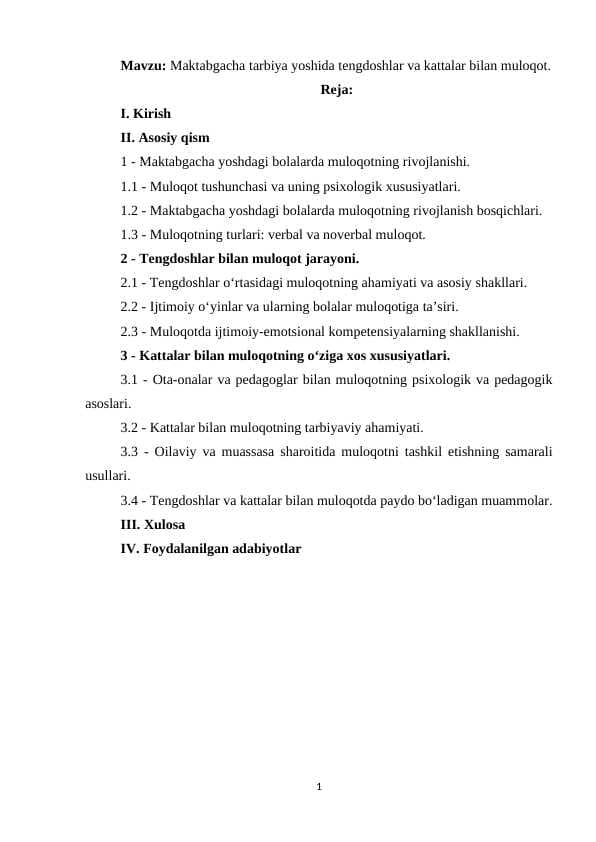 Maktabgacha tarbiya yoshida tengdoshlar va kattalar bilan muloqot