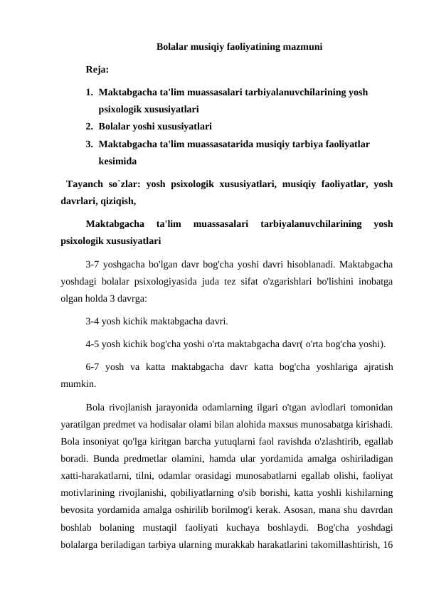 Bolalar musiqiy faoliyatining mazmuni