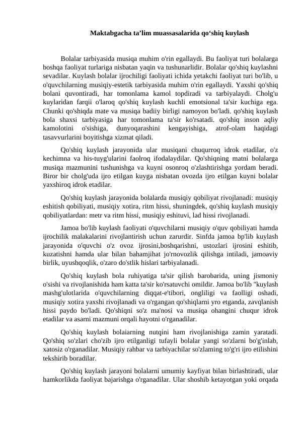 Maktabgacha ta’lim muassasalarida qo‘shiq kuylash