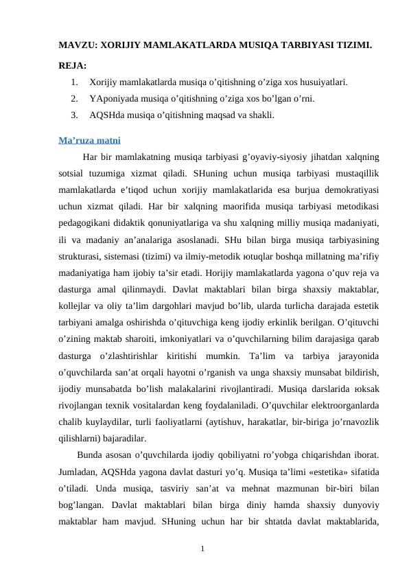 XORIJIY MAMLAKATLARDA MUSIQA TARBIYASI TIZIMI