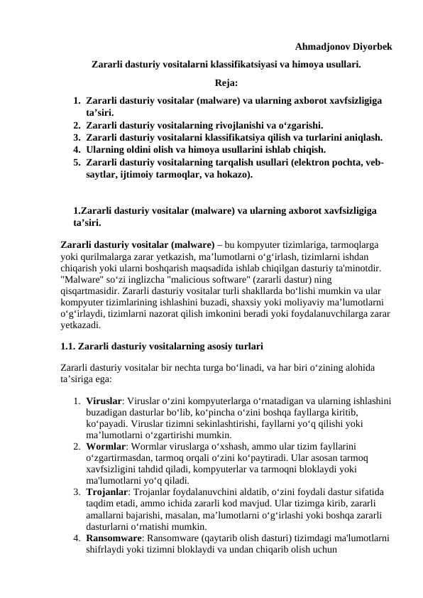 Zararli dasturiy vositalarni klassifikatsiyasi va himoya usullari