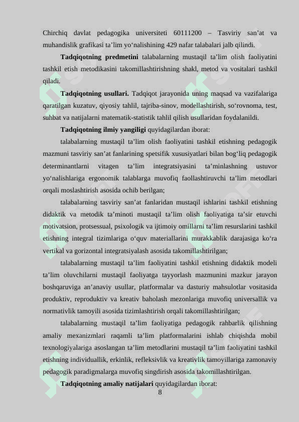 Talabalarning mustaqil ta'lim olish faoliyatini tashkil etish metodikasini takomillashtirish (Dissertatsiya)