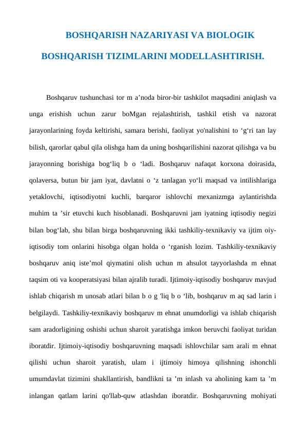 BOSHQARISH NAZARIYASI VA BIOLOGIK BOSHQARISH TIZIMLARINI MODELLASHTIRISH